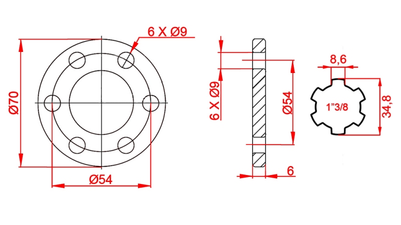 ZAPFWELLENADAPTER MIT FLANSCH 6 LÖCHER 1-3/8 (90 mm)