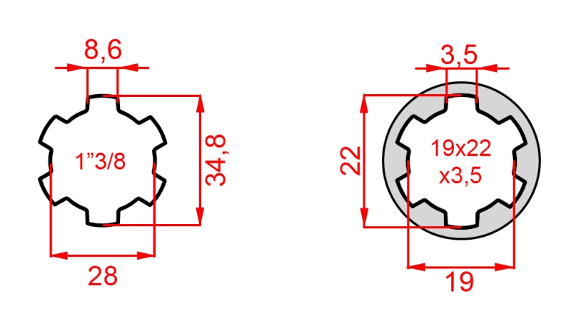 KARDAN ADAPTER VAN 19x22x3,5 (10 SPLINES) NAAR 1-3/8 (120 mm)