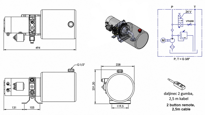 MINI HYDRAULISCH KRACHTPAKKET 24V DC - 2.2kW = 2.1cc - 8 lit - enkel-fase assemblage (metaal)