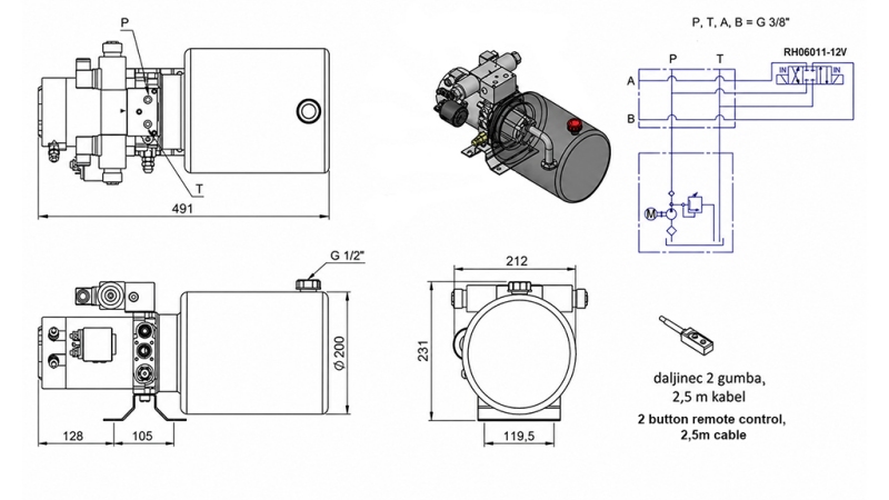 MINI HYDRAULISCH KRACHTPAKKET 12V DC - 1.6kW = 2.1cc - 8 lit - bidirectionele eenheid (metaal)