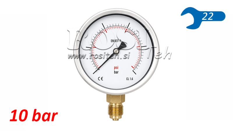 MANOMETER DN100 VERTICAAL 0 - 10 BAR - 1/2