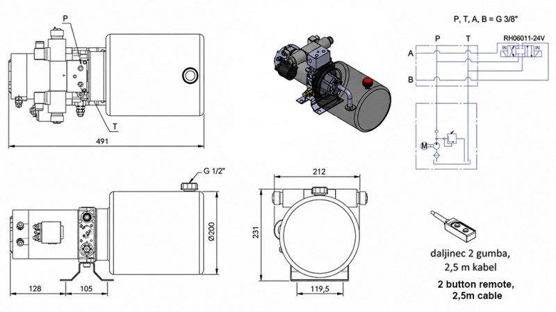 MINI HYDRAULISCH KRACHTPAKKET 24V DC - 2.2kW = 2.1cc - 8 lit - bidirectionele eenheid (metaal)