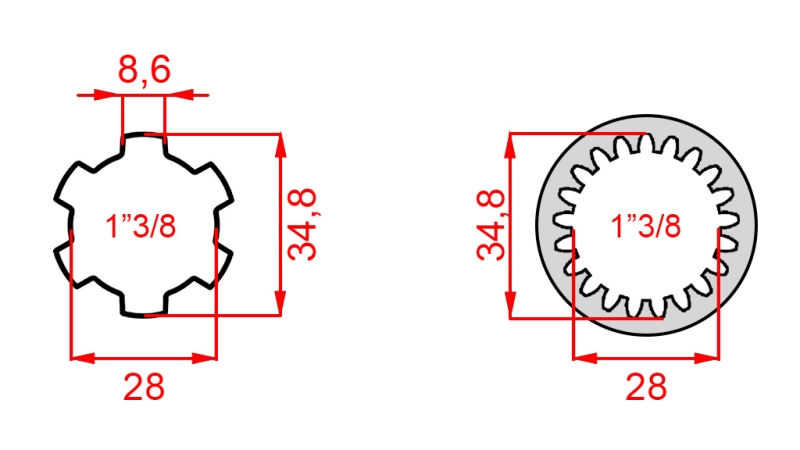 KARDAN ADAPTER VAN 1-3/8 (21 SPLINES) NAAR 1-3/8 (150 mm)