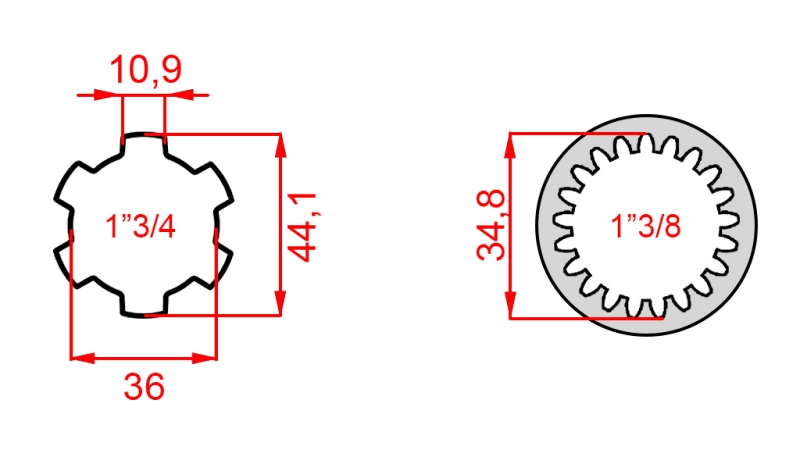 KARDAN ADAPTER VAN 1-3/8 (21 SPLINES) NAAR 1-3/4 (150 mm)