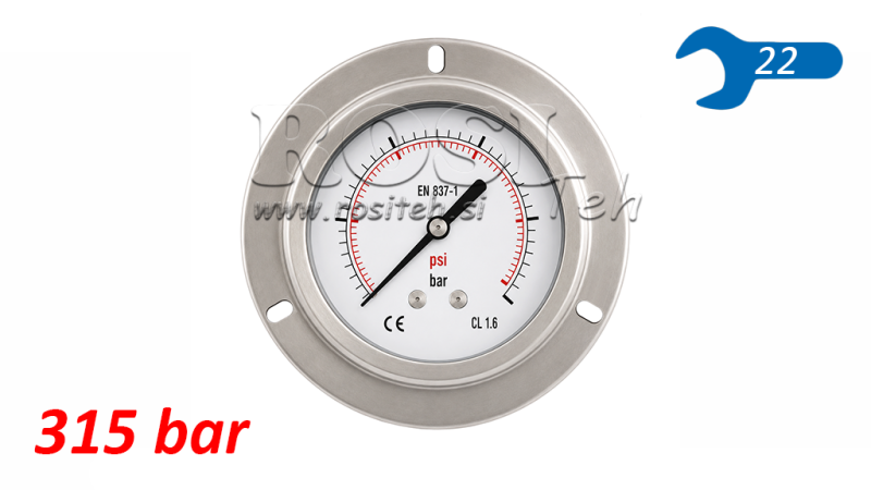 MANOMETER DN100 ACHTER 0 - 315 BAR - 1/2