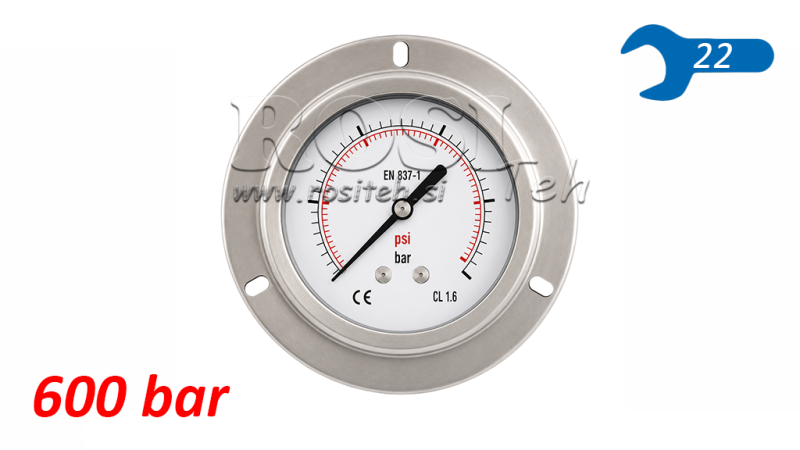 MANOMETER DN100 ACHTER 0 - 600 BAR - 1/2
