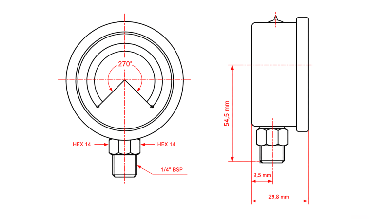 VACUUM METER DN63 VERTICAAL -1 - 0 BAR - 1/4