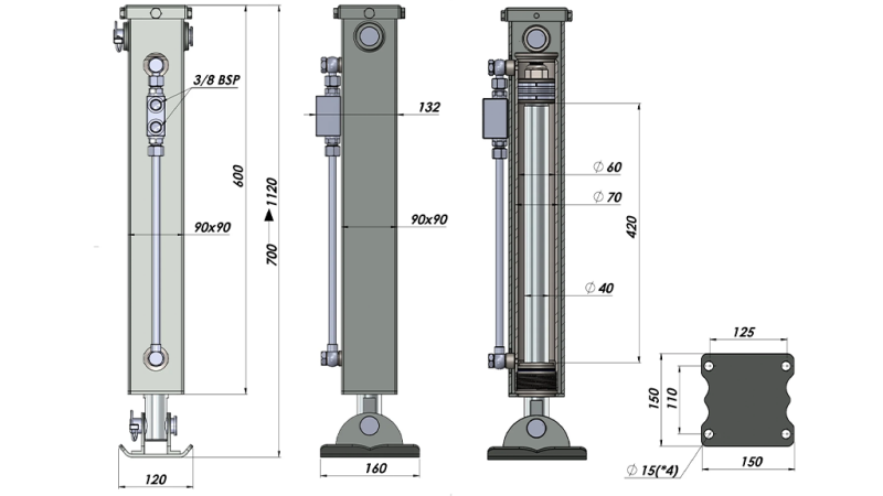 DVOSMERNA HIDRAVLIČNA PODPORNA NOGA (90x90x700 mm) - HOD 420 mm - 2.500 kg