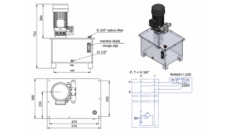 MINI HYDRAULISCH KRACHTPAKKET 380V AC (4 kW) - 8 cc - 12 lit/min - tank 40 lit