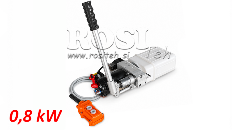MINI HYDRAULISCHE EENHEID 24V DC - 0.8KW = 0.5CC - 1.5 LITER - ENKELWERKENDE EENHEID (PVC) MET HANDPOMP