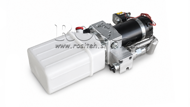 MINI HYDRAULISCHE EENHEID 24V DC - 0.8KW = 0.5CC - 1.5 LITER - ENKELWERKENDE EENHEID (PVC) MET HANDPOMP