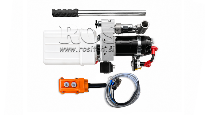 MINI HYDRAULISCHE EENHEID 24V DC - 0.8KW = 0.5CC - 1.5 LITER - ENKELWERKENDE EENHEID (PVC) MET HANDPOMP