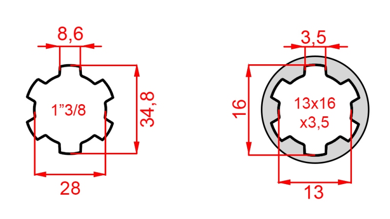 KARDAN ADAPTER VAN 13x16x3,5 (6 SPLINES) NAAR 1-3/8 (120 mm)