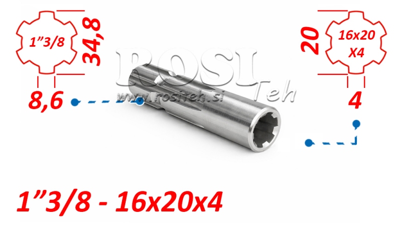KARDAN ADAPTER VAN 16x20x4 (6 SPLINES) NAAR 1-3/8 (120 mm)