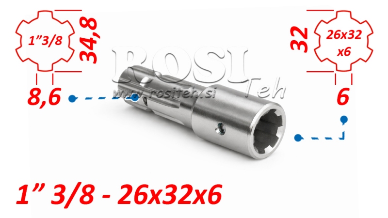 KARDAN ADAPTER VAN 26x32x6 (6 SPLINES) NAAR 1-3/8 (145 mm)
