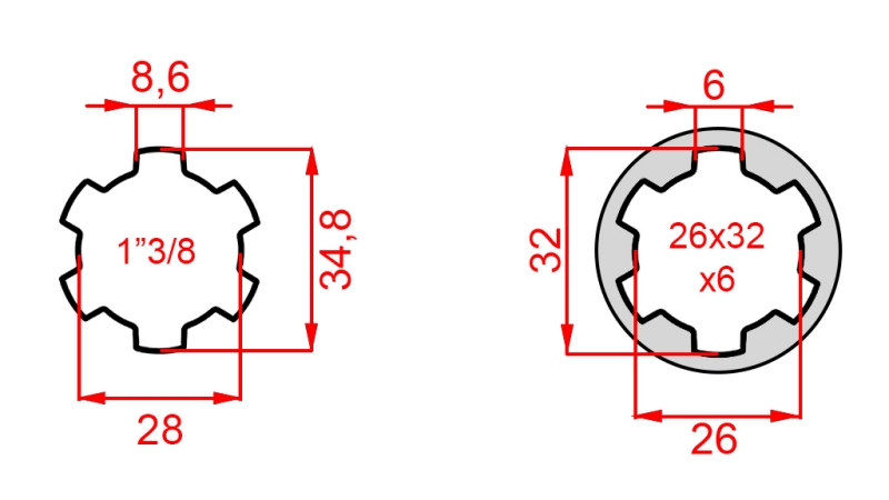 KARDAN ADAPTER VAN 26x32x6 (6 SPLINES) NAAR 1-3/8 (145 mm)