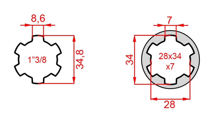 KARDAN ADAPTER VAN 28x34x7 (6 SPLINES) NAAR 1-3/8 (145 mm)