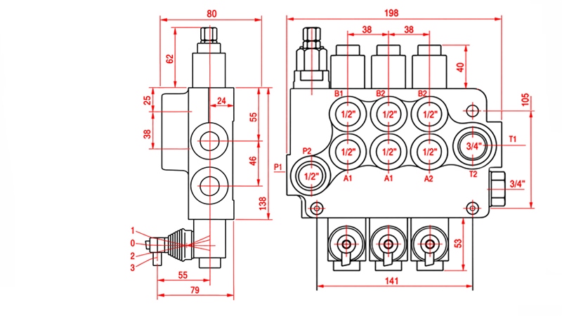 HYDRAULISCH HANDVENTIEL – 3-SECTIE STUURVENTIEL 3xR80 ECO