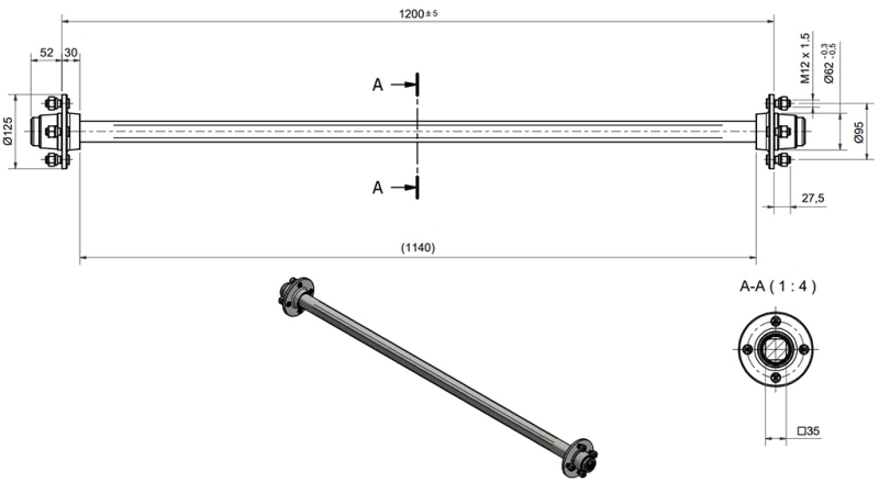 OSOVINA ZA PRIKOLICO 950 kg BREZ ZAVOR (1200 mm)
