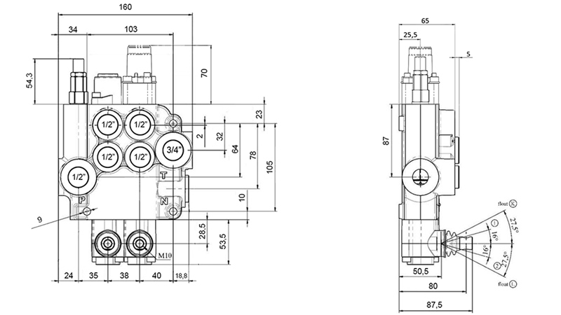 HANDMATIG HYDRAULISCHE VENTIEL MONOBLOCK 2xZ80 + ZWEVENDE FUNCTIE