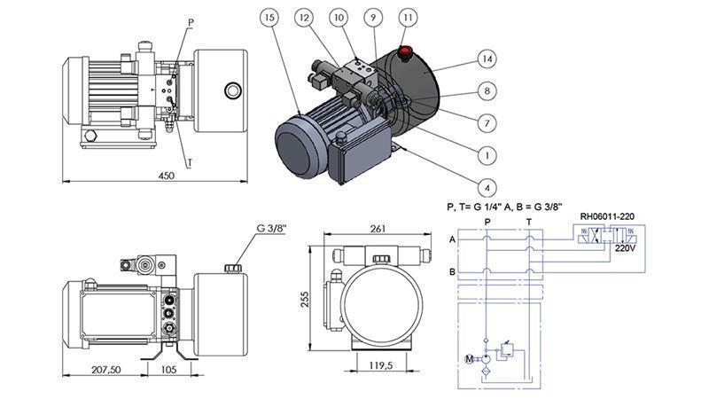 MINI HYDRAULISCH AGGREGAT 230V AC (0.75 kW) - 3.7 cc - 5.2 lit/min - tank 4 lit