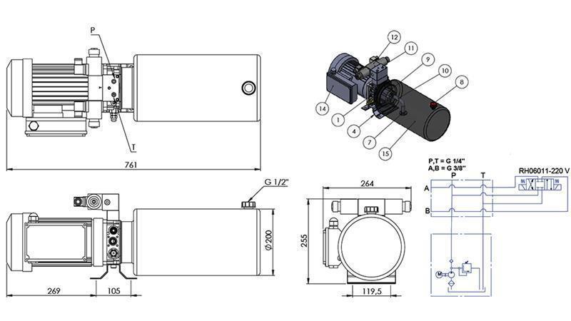 MINI HYDRAULISCH AGGREGAT 230V AC (2.2 kW) - 8.0 cc - 11.2 lit/min - tank 12 lit