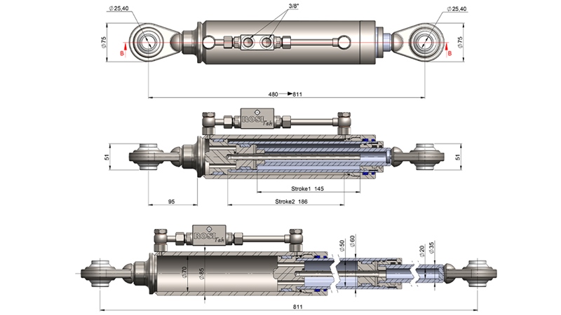 TELESCOPISCHE HYDRAULISCHE TOPSTANG - STANDARD - CAT. 2 (45-95 HP) - 480-811 mm (25,4/25,4 mm)