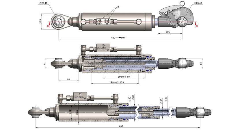 TELESCOPISCHE HYDRAULISCHE TOPSTANG - AUTOMATISCH - CAT. 2 (45-95 HP) - 480-697 mm (25,4 mm)