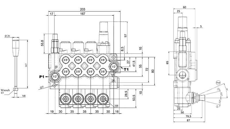 HANDMATIG HYDRAULISCHE VENTIEL MONOBLOCK 4xZ50 + ZWEVENDE FUNCTIE
