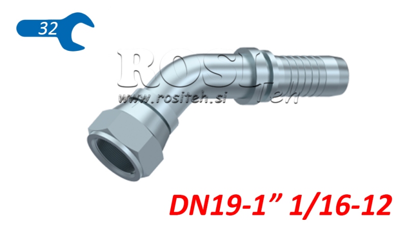HYDRAULISCHE AANSLUITING DKJ JIC74° VROUWELIJKE ELBOW 45° DN19-1 1/16-12