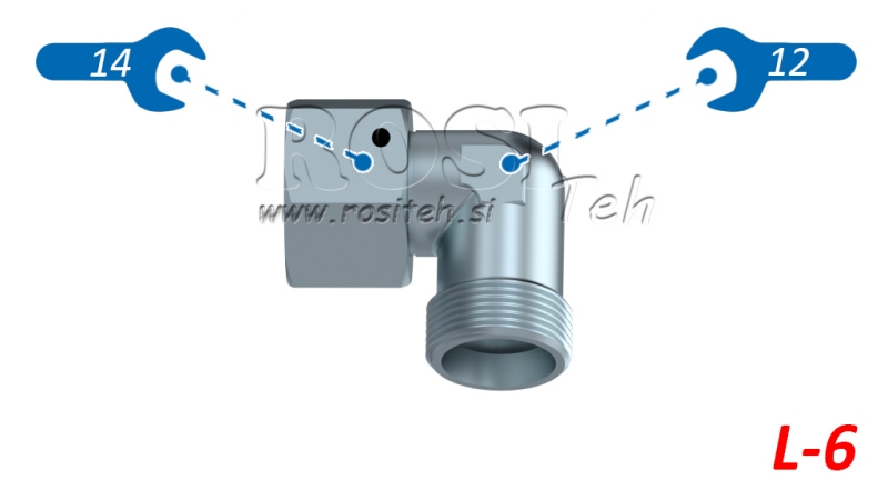 HYDRAULISCHE 90° BOCHT L-6 MET DRAAIMOER M12X1,5