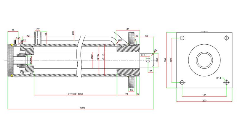 HYDRAULISCHE CILINDER VOOR HOUTKLOVER MET MONTAGEPLAAT100/60-1050 - BOVENAANSLUITING