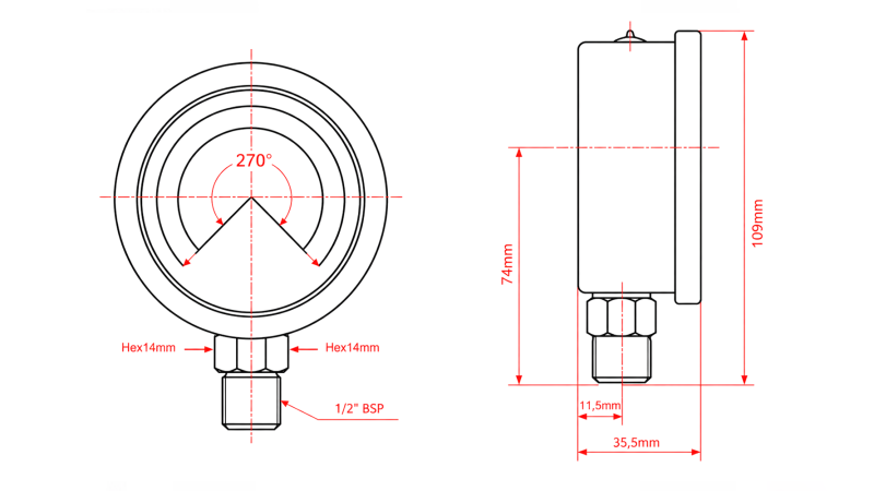 MANOMETER DN100 VERTICAAL 0 - 12 BAR - 1/2