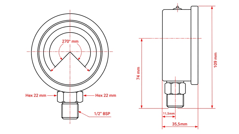 MANOMETAR DN100 VERTICAL 0 - 6 BAR - 1/2