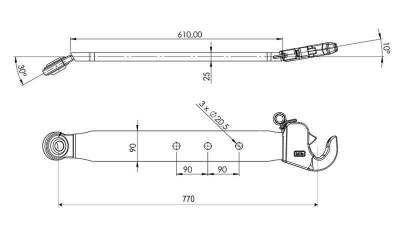 ONDERSTE HEFARMEN VOOR DRIEPUNTSHEFINRICHTING CAT. 2 - 70x20 mm - 770 mm (75 HP)