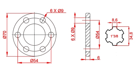 ZAPFWELLENADAPTER MIT FLANSCH 6 LÖCHER 1-3/8 (90 mm)