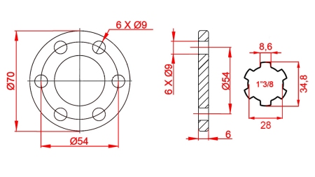 KARDAN ADAPTER MET FLENS 6 GATEN 1-3/8 (90 mm)