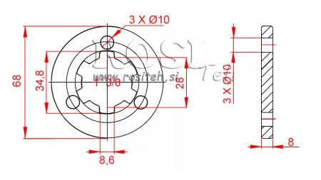 KARDAN ADAPTER MET FLENS 3 GATEN EN PEN 1-3/8 (80 mm)