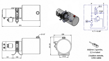 MINI HYDRAULISCH KRACHTPAKKET 24V DC - 2.2kW = 2.1cc - 8 lit - enkel-fase assemblage (metaal)