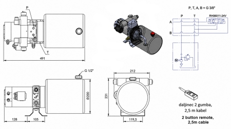 MINI HYDRAULISCH KRACHTPAKKET 24V DC - 2.2kW = 2.1cc - 8 lit - bidirectionele eenheid (metaal)