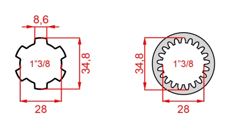 KARDAN ADAPTER VAN 1-3/8 (21 SPLINES) NAAR 1-3/8 (150 mm)