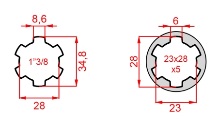 KARDAN ADAPTER VAN 23x28x6 (6 SPLINES) NAAR 1-3/8 (140 mm)