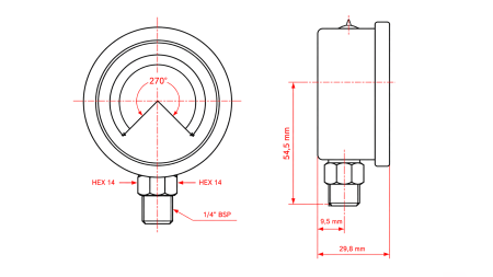 VACUUM METER DN63 VERTICAAL -1 - 0 BAR - 1/4