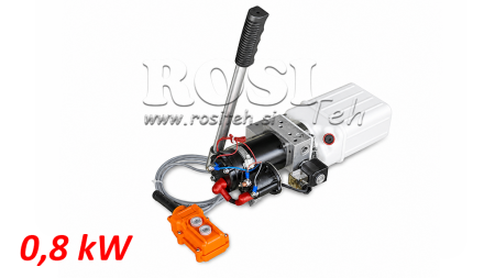 MINI HYDRAULISCHE EENHEID 12V DC - 0.8KW = 0.5CC - 1.5 LITER - ENKELWERKENDE MONTAGE (PVC) MET HANDPOMP