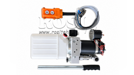 MINI HYDRAULISCHE EENHEID 12V DC - 0.8KW = 0.5CC - 1.5 LITER - ENKELWERKENDE MONTAGE (PVC) MET HANDPOMP