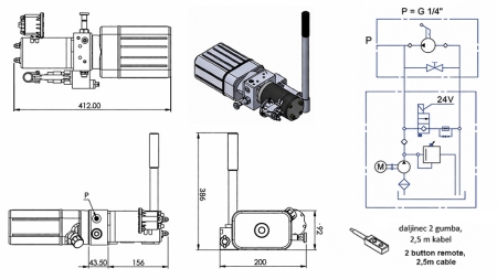 MINI HYDRAULISCHE EENHEID 24V DC - 0.8KW = 0.5CC - 1.5 LITER - ENKELWERKENDE EENHEID (PVC) MET HANDPOMP