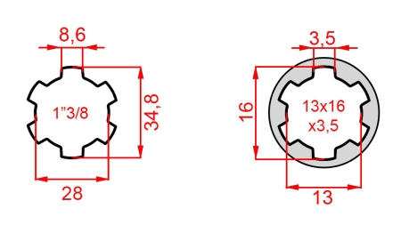 KARDAN ADAPTER VAN 13x16x3,5 (6 SPLINES) NAAR 1-3/8 (120 mm)