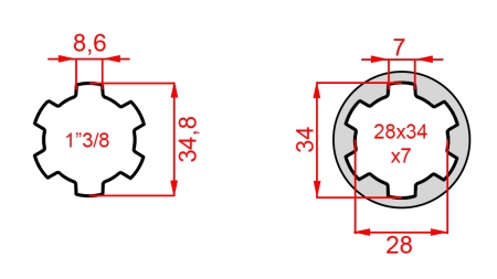 KARDAN ADAPTER VAN 28x34x7 (6 SPLINES) NAAR 1-3/8 (145 mm)