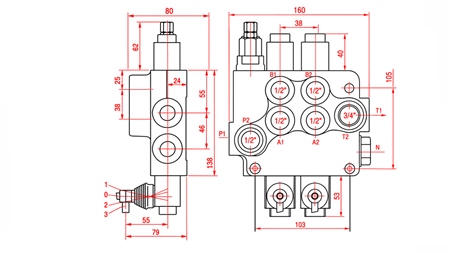 HYDRAULISCH HANDVENTIEL – 2-SECTIE STUURVENTIEL 2xR80 ECO