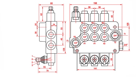 HYDRAULISCH HANDVENTIEL – 3-SECTIE STUURVENTIEL 3xR80 ECO